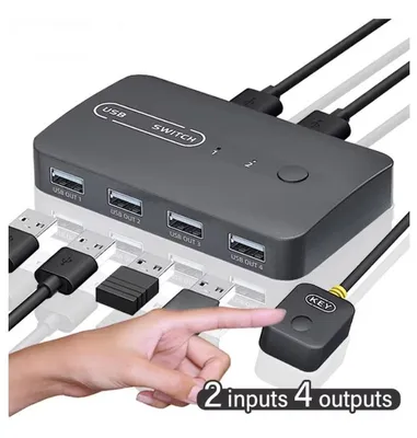 Produktbild von USB-KVM-Switch-Adapter mit 2 Eingängen und 4 Ausgängen, USB-Switch, KVM-Switcher, Drucker-Sharing für Computer, Tastatur- und Maus-Sharing-Controller