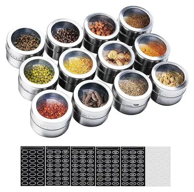 Produktbild von Gewürzgläser 12 Set, Edelstahl Transparent Top BBQ Gewürzdose Magnetische Vorratsdosen Stick on Kühlschrank und Grill, mit 120 Gewürzaufklebern