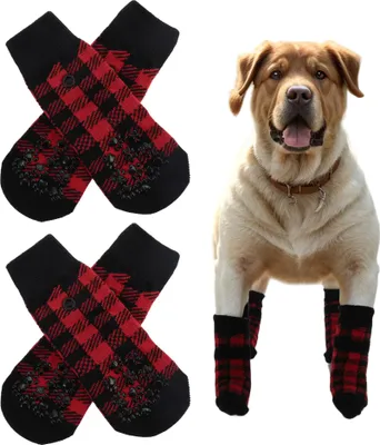 Image de Chaussettes pour Chien Anti-dérapant 4Pcs Chaussette Chien Protection de Pattes Avec Bretelles Adhésives Réglables pour intérieur et extérieur, Rouge, L (7.5 x 18 cm)