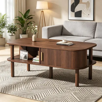Obrázek produktu pro Konferenční stolek Merax s výklopnými dvířky z MDF, skandinávský design, odkládací prostory, nosnost 60 kg, vzhled dřeva ořechu
