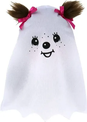 A white ghost plush toy with brown hair pigtails tied with pink bows and a cute face with freckles.