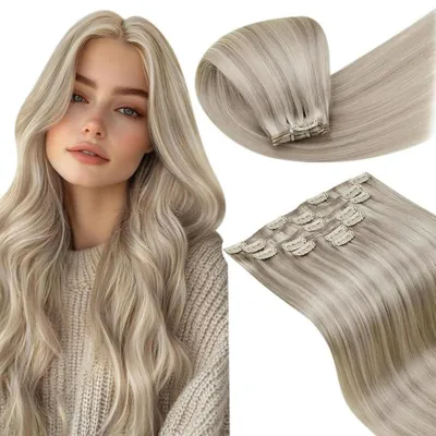 Obrázok produktu pre Clip-in príčesky z prírodných vlasov, farba: popolavá blond s odtieňmi, dĺžka: 45 cm, hmotnosť: 105 g, 7 kusov, farba: #18/613