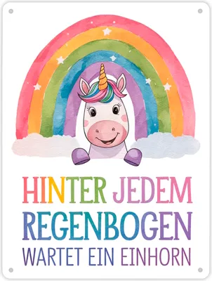 Produktbild von Lächelndes Einhorn Metallschild XL in 21x28 cm Hinter jedem Regenbogen
