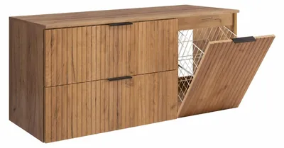 Image de Ensemble de meubles de salle de bain comprenant un panier à linge et une étagère, poignées noires, finition chêne imitation, largeur 120 cm