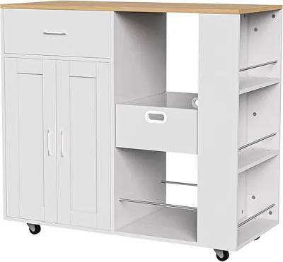 Imagen del producto de Isla de cocina móvil de madera, carro de cocina con ruedas, isla de cocina con encimera, carro con ruedas para la cocina, carro de cocina con cajón, 102 x 46 x 92 cm (blanco)