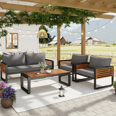 Produktbild von Flieks Gartenlounge Set 4-tlg, Balkonmöbel Set mit Eisenrahmen, Terassenmöbel Sets mit Metallbeinen und Kissen, Lounge Gartenmöbel 4 Personen, Grau