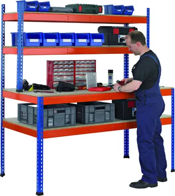 Produktbild von Schulte Werkbank mit Lagerebene & Regalaufsatz | HxBxT 198x154x77,3/32cm | Fachlast Arbeitsebene 320kg | Fachlast Regalebene 200kg | Blau/Orange