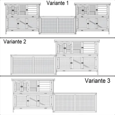 Three different configurations of a rabbit hutch or enclosure are shown, labeled as 'Variante 1', 'Variante 2', and 'Variante 3'.