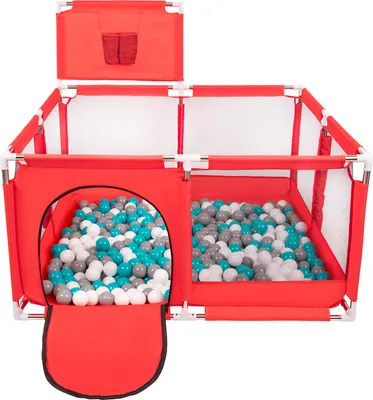 Produktbild von Selonis Laufstall Baby mit Korb 125x125cm 200 Bunten Bälle ∅6cm - Baby laufgitter Faltbar Kinderlaufstall Kinder zaun Spielecke für kinder - Rot