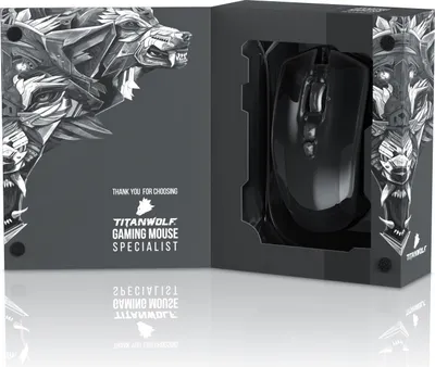 A gaming mouse is displayed in its opened packaging, which features a stylized wolf graphic.