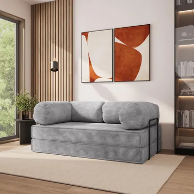 Produktbild von Masseno Schaumstoffsofa ALVIO mit Schlaffunktion, Schlafsofa, Wohnzimmersofa, Couch, Sofa, Bettsofa, Kordstoff – Hellgrau POSO 55