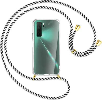 Produktbild von Handykette Backcover-Schutzhülle mit Band (Metall goldfarben) für Huawei P40 lite 5G - schwarz/weiß gestreift