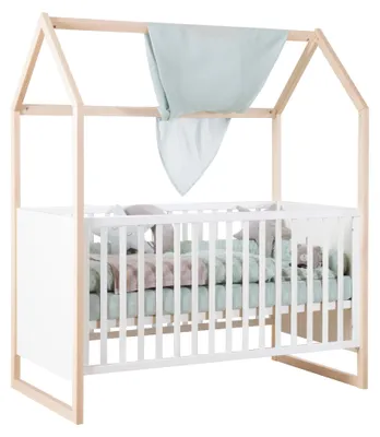 Produktbild von roba Baby- und Beistellbett Noah - Kinderbett 70 x 140 cm in Hausoptik - 3-fach höhenverstellbar mit 3 Schlupfsprossen - Zum Juniorbett umbaubar mit Umbauseiten 10012WE - Weiß