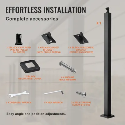 Produktbild von SucceBuy Kabelgeländerpfosten, 36" x 2" x 2" Stahldeckgeländerpfosten, ohne Löcher, SUS304 Edelstahl mit Halterungen, 1er-Pack, schwarz für Treppen