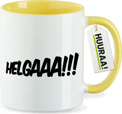 Produktbild von Huuraa Kaffeetasse Helgaaa Schriftzug 330ml Gelb Keramik Kaffeebecher Geschenkidee