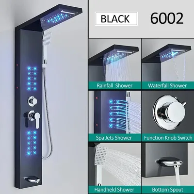 Produktbild von LED Duschpaneel - Duschsäule 6002 - Regendusche & Wasserfall - Massagedüsen - 3 Griffe - Keramikkartusche - Edelstahl Schwarz - Rote LED