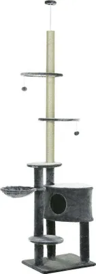 Zdjęcie produktu dla Drapak dla kota PawHut, wysokość sufitu 220-265 cm, z piłkami do zabawy, jaskinią dla kota, hamakiem, słupkami sizalowymi i platformami, wielopoziomowy drapak dla kotów średniej wielkości, ciemnoszary