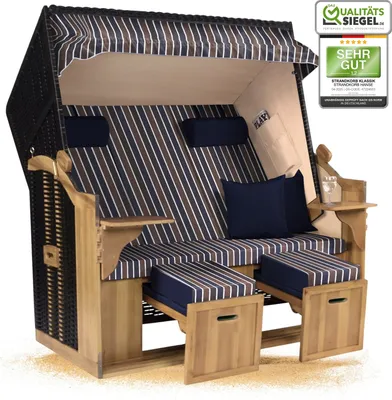 Produktbild von Strandkorb Ostsee 2,5-Sitzer 150cm breit in Schwarz Blau Braun Weiß Gestreift Montiert ideal für Balkon, Terrasse oder Garten