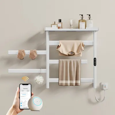 Produktbild von EMKE Elektrischer Handtuchheizkörper, APP Steuerung LED Touchscreen mit Timer, Schwenkbarer Handtuchtrockner mit Ablage, 66x58cm 135W Weiß