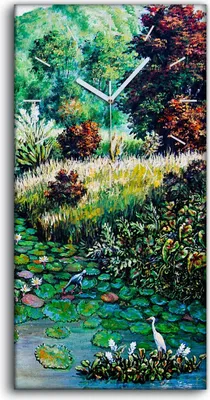 Produktbild von Dekor Leinwand Uhr Wandbilder 30x60 Gemälde Fluss Bäume Blumen Hügel Landschaft - weiße Hände