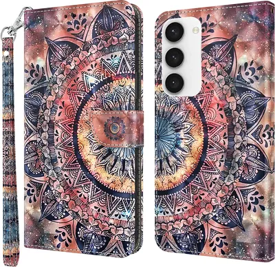 Produktbild von CLM-Tech Hülle kompatibel mit Samsung Galaxy S23 5G - Tasche aus Kunstleder - Klapphülle mit Ständer und Kartenfächern, Malerei Kreisel Blume bunt