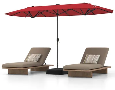 Produktbild von Doppelsonnenschirm 400 x 200 cm mit LED-Solar-Beleuchtung, Kurbel, Ständer, Sonnenschutz UPF 50+, Weinrot
