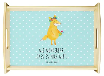 Produktbild von Mr. & Mrs. Panda Holztablett Fuchs Blumen - Türkis Pastell - Geschenk, Liebe, Fox, tablett holz, Boho, Sofa, für bett, Deko, Serviertablett, Blumenliebe, Füchse