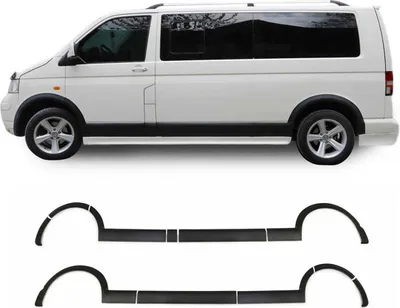A white van with black trim and fender flares, shown from the side. Below the van are two sets of black fender flares and trim pieces.