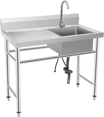 Produktbild von Edelstahl Spülbecken mit Arbeitstisch und Mischbatterie, 1 Becken, freistehender Profi Spültisch, 100x60x93cm, multifunktionaler Waschtisch rechts für Küche, Wäsche und Garage