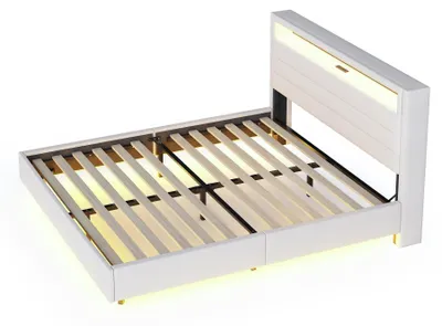 Image de Lit avec rangement - Lit double rembourré - 160x200 cm - Prise USB - Éclairage LED - Revêtement en velours - Tête de lit réversible - Beige