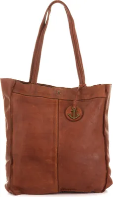 A brown leather tote bag with an anchor charm.