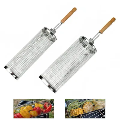 Produktbild von 2Stück Rolling Grillkorb,Edelstahl BBQ Grillkorb Set mit abnehmbarem Holzgriff, Grillnetz für Fleisch, Gemüse, Camping, Ausflüge, BBQ Zubehör