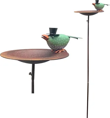 Image de Exner | Bain d'oiseaux avec oiseau vert - Hauteur 114 cm - Résistant aux intempéries - Décoration de jardin - Design unique