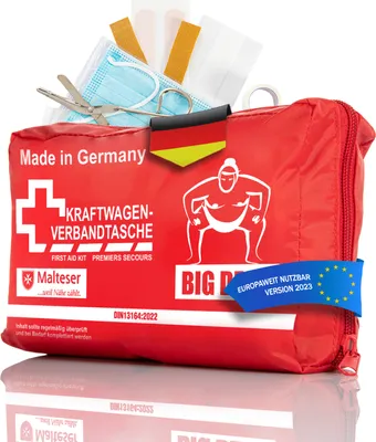 Produktbild von BigDean Verbandskasten GERMANY in rot – Verbandstasche nach DIN 13164:2022 - Erste Hilfe Set für das Auto europaweit einsetzbar – KFZ