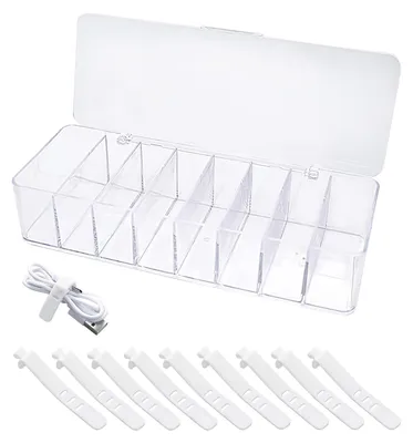 Kabel-Organizer-Box, 8 Fächer, transparent, mit 10 Kabelbindern