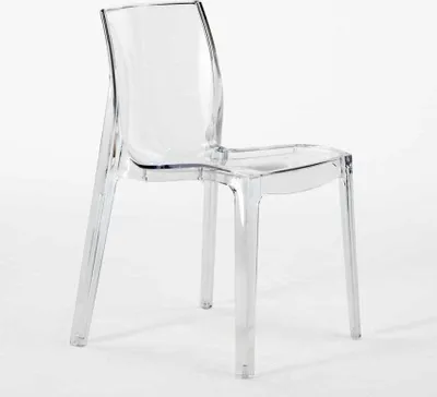 A clear, studio shot of a transparent chair against a white background.