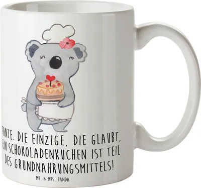 Produktbild von Mr. & Mrs. Panda Becher Tante Schokoladenkuchen - Weiß - Geschenk, kaffeebecher bedruckt, Kaffeetasse, Neffe, Nichte, Familie, Humor, Tasse mit Motiv, Verwandtschaft