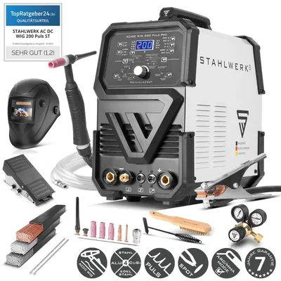 Produktbild von STAHLWERK Schutzgasschweißgerät AC/DC WIG 200 Puls Pro – Vollausstattung – Kombi-Inverter mit 200 A, MMA-Funktion, Pulsfunktion, Alu & Dünnblech