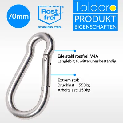 Produktbild von Karabinerhaken aus Edelstahl AISI 316 V4A, 7x70 mm, 5 Stück, für Garten und Camping