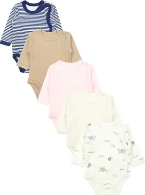 Produktbild von TupTam Wickelbody Langarm Baby Body – Unisex Body Baby im 5er Set aus Baumwolle, Farbe: Streifen_Braun_Beige_Animals, Größe: 80