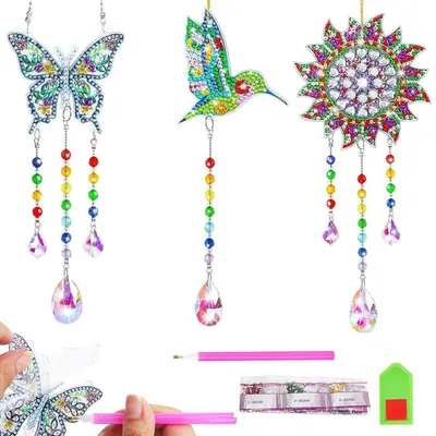 Immagine prodotto di Kit per creare decorazioni a forma di girandola e cattapani con tecnica diamond painting, confezione da 3 pezzi, ideale per bambini e principianti