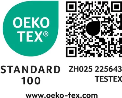 OEKO-TEX STANDARD 100 certification logo with a QR code and certification number.