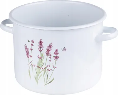 A white enamel pot with a lavender design and the word 'lavender' printed on it.
