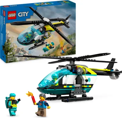 Produktbild von LEGO City Rettungshubschrauber, Hubschrauber-Spielzeug für Kinder, Helikopter mit Seilwinde, Rotoren und 3 Figuren inkl. Pilot, Wanderer und Luftretter, Geschenk für 6-jährige Jungs und Mädchen 60405