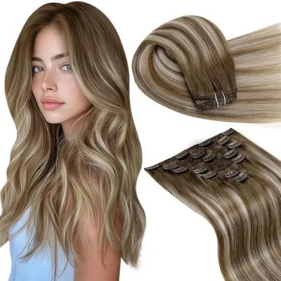 Image de Extensions à clipser, cheveux naturels, effet ombré blond, 60 cm, 120g, 7 pièces, lisses, qualité Remy