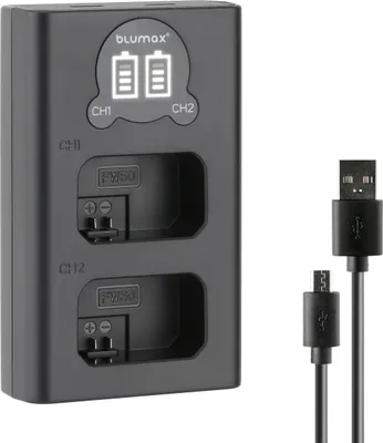 Produktbild von Blumax Dual LCD Ladegerät | für  Sony NP-FW50 Laden über USB-C oder Micro-USB