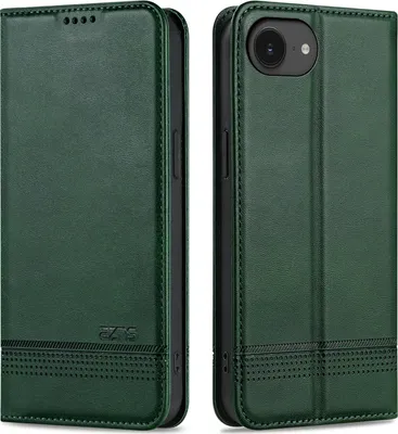 Produktbild von Leder Hülle für iPhone 16e/iPhone 17e, Klapphüllen Brieftasche Magnetverschluss Ständer Schutzhülle Grün