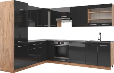 Immagine prodotto di Cucina angolare completa Vicco Fame-Line Antracite lucido/oro power oak 287 x 46 cm senza piano di lavoro, Model 38644