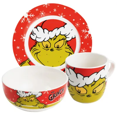 Produktbild von The Grinch Frühstücksset - Merry Grinchmas Geschirr Set 3-teilig Teller, Schale & Tasse aus Porzellan Rot