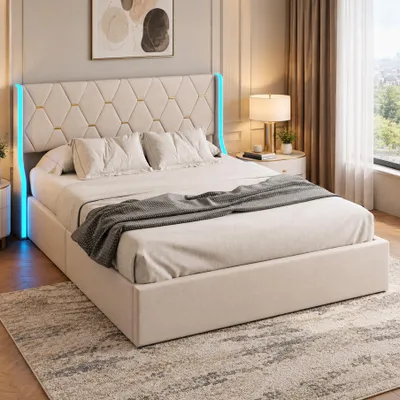 Obrázok produktu pre INONEFT, čalúnená posteľ, 160 x 200 cm, posteľ pre mládež s LED osvetlením, dvojposteľ s úložným priestorom, hydraulická posteľ s úložným priestorom do spálne, materiál: zamat, farba: béžová